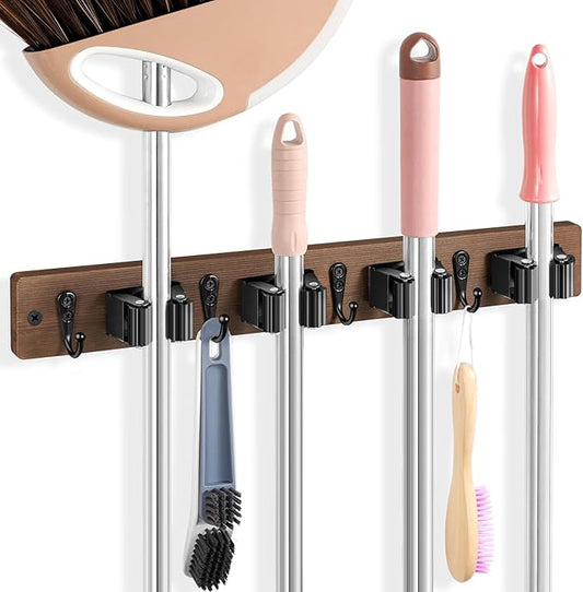 Broom Holder Wall Mount - Heavy Duty Wood Mop and Broom Organizer with 4 Slots & 4 Hooks - Garden Tool Hanger for Laundry Room Closet Kitchen Garage Storage and Organization - Modern Home Decor