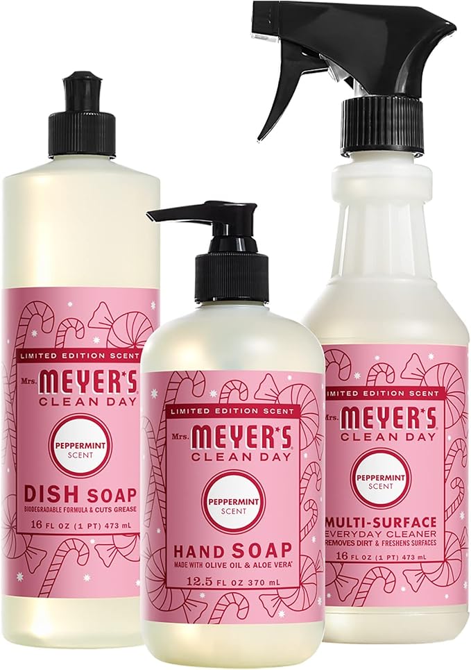 Mrs. MEYER'S Kitchen Set, Dish Soap, Hand Soap, and Multi-Surface Cleaner, 3 CT (Peppermint)