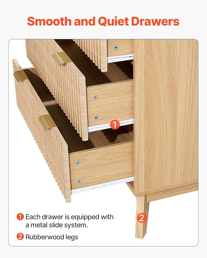 VEVOR Fluted 6 Drawer Dresser, 54" Wide Chest of Drawers with Faux Marble Top, Modern Dresser TV Stand, Wooden Closet Clothes Storage Organizer for Bedroom, Living Room, Hallway, Entryway, Natural Oak