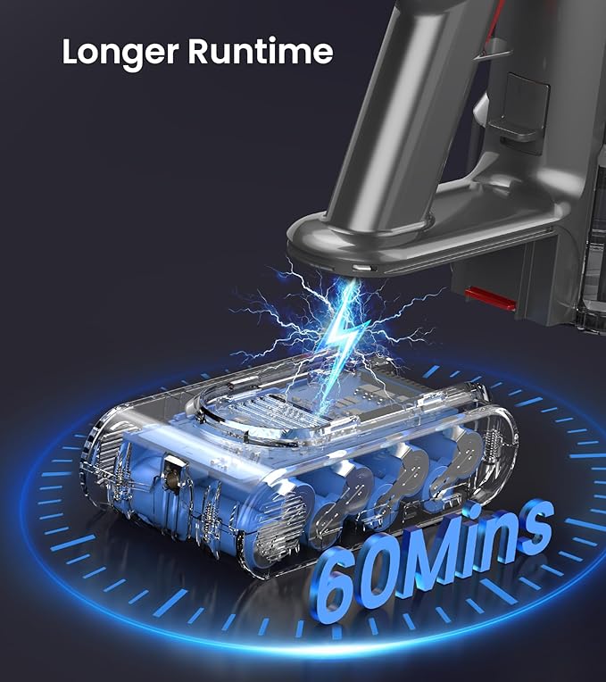 Cordless Vacuum Cleaner, 550W 45kPa 60Mins Vacuum Cleaners for Home with LED Display, Self-Standing Stick Vacuum with Anti-Tangle Brush, Rechargeable Vacuum Cordless for Pet Hair/Carpet/Floor