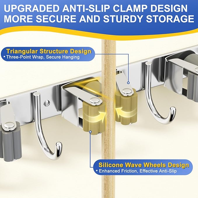 Mop Broom Holder Wall Mount Mop and Broom Holder with 5 Racks and 4 Hooks, Heavy Duty Broom Hanger Tool Storage Oragnizer Rack for Home, Garage, Garden and Laundry Room, Sliver