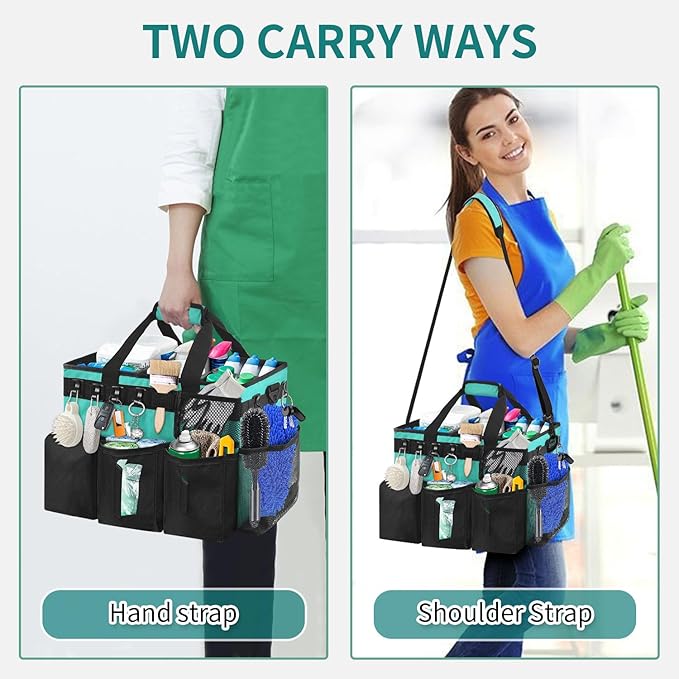 Cleaning Bags for Housekeepers, Large Cleaning Supplies Organizer with Handles & Shoulder Strap, Cleaning Caddy Bag with Foldable Divider for Cleaners, Car Horse Cleaning Bag (Green)