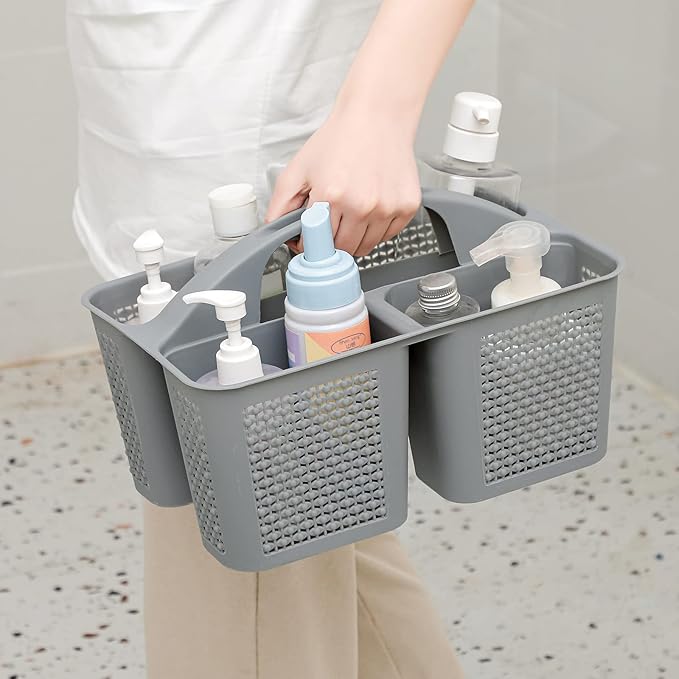 UUJOLY Plastic Portable Shower Caddy Bucket, Cleaning Shower Basket with Handle Compartments Storage Organizer for Bathroom Kitchen College Dorm Sink, Grey