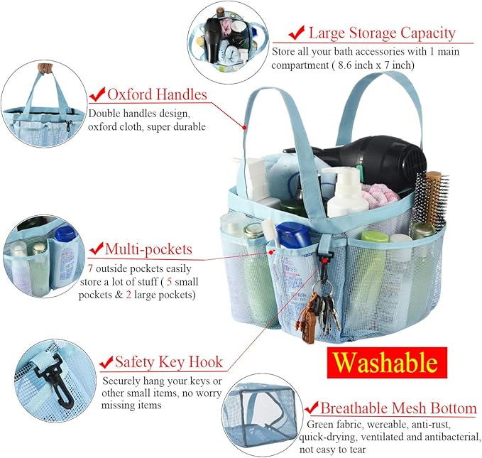 Haundry Mesh Shower Caddy Tote, Large Shower Caddy Bag for College Dorm Room Essentials, Bathroom Organizer with 8 Pockets for Beach Swimming Camp Gym