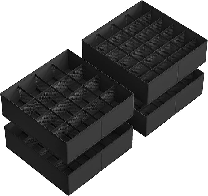 SONGMICS 4 Pack Drawer Organizers, 80 Cells (2x16+2x24), Foldable Dividers, 11.8 x 11.8 x 3.9 Inches, for Socks, Underwear, Ties, Belts, Ink Black URUS011B01