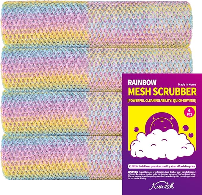 Rainbow Mesh Scrubber Set - 4 Pack Multi-Color, Multi-Purpose, Durable and Non-Scratch Cleansing Sponges for Kitchen, Bathroom, and Home Cleaning Essentials