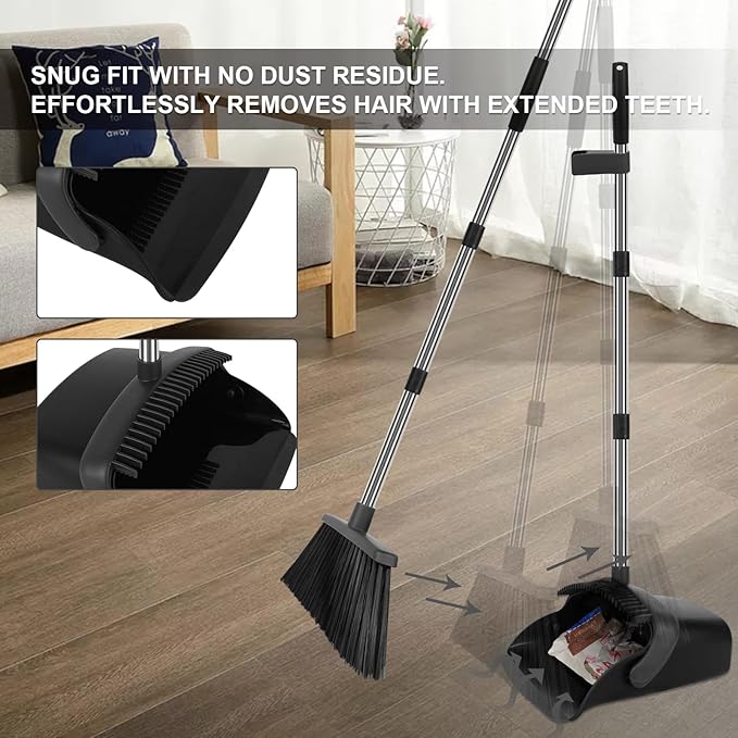 Broom and Dustpan Set, Large Household Broom with Dustpan Combo Set, 55" Long Handle Black Dust Pan Kit for Kitchen Lobby Office Indoor Outdoor