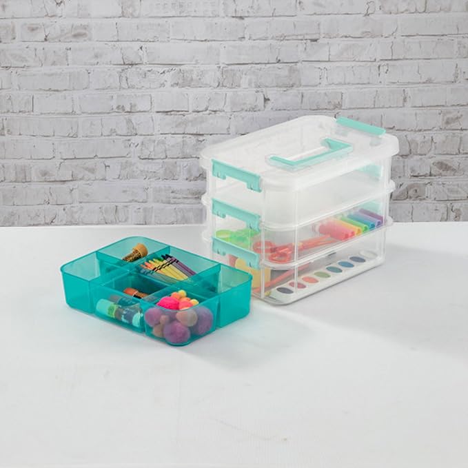 Sterilite 18 Pack Plastic Storage Box Container, 3 Layer, Stack and Carry, Clear/Blue