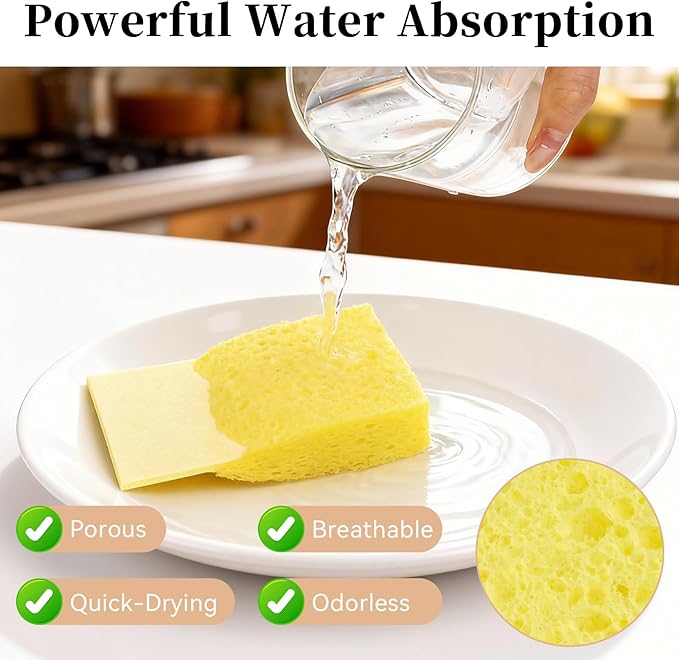 6 Pcs Kitchen Sponges for Dishes Cleaning, Non Scratch for Non Stick Cookware, Compressed Natural Cellulose Sponges, Dish Washing Scrubbers, Scrubbing Pads for Household, Bathroom (Yellow)