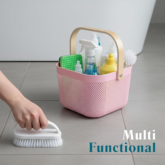 Shower Caddy Portable with Wooden Handle – Plastic Shower Caddy Dorm Basket for Bathroom Storage & Organization, College Essentials (Pastel Pink)