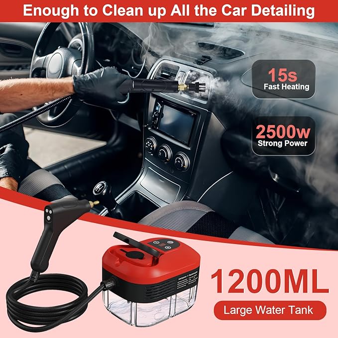 Steam Cleaner for Home, 15s Heat-Up, 1.2L Water Tank, 6-Level Adjustable Handle, Handheld Steam Cleaner for Car Detailing, Dirt, Furniture, Couch, Floor Tile, Bathroom, Bed Bugs, 9Pcs Accessories