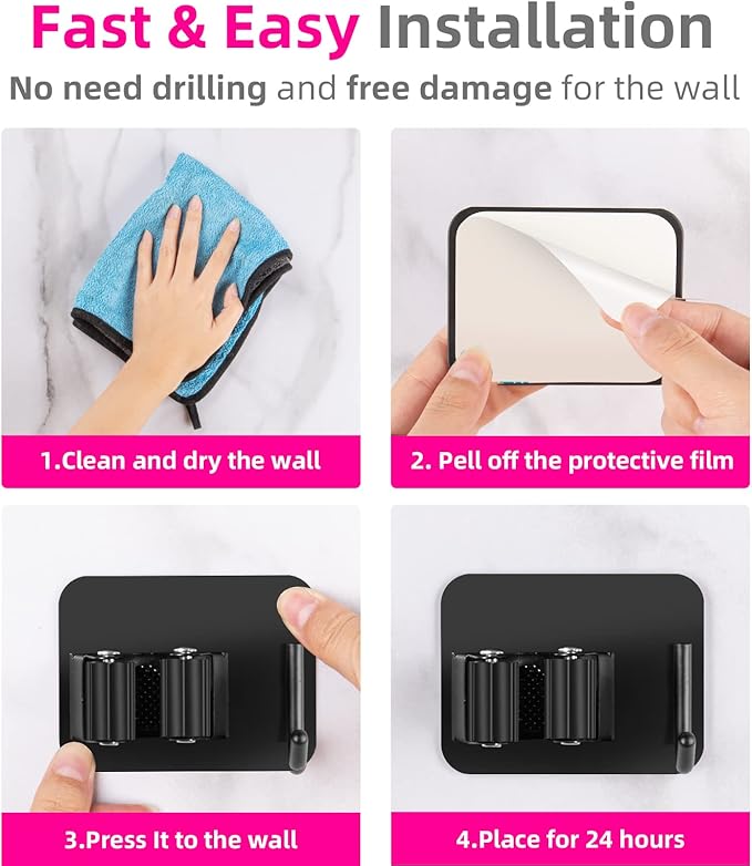 Broom and Mop Holder, Super Anti-Slip Wall Mount, Self Adhesive Gripper for Bathroom, Garage and Laundry Room Storage, Black