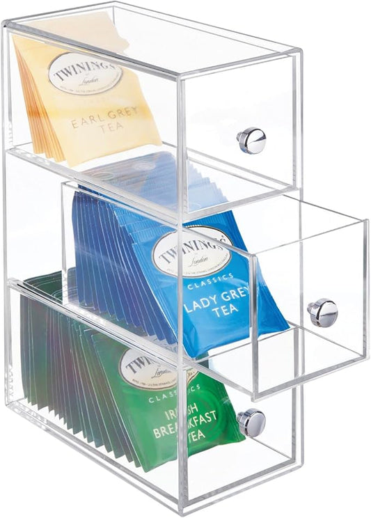 mDesign Plastic Kitchen Pantry Stackable Storage Organizer Container Station with 3 Drawers for Cabinet, Countertop, Holds Coffee, Tea, Sugar Packets, Creamers - Lumiere Collection - Clear