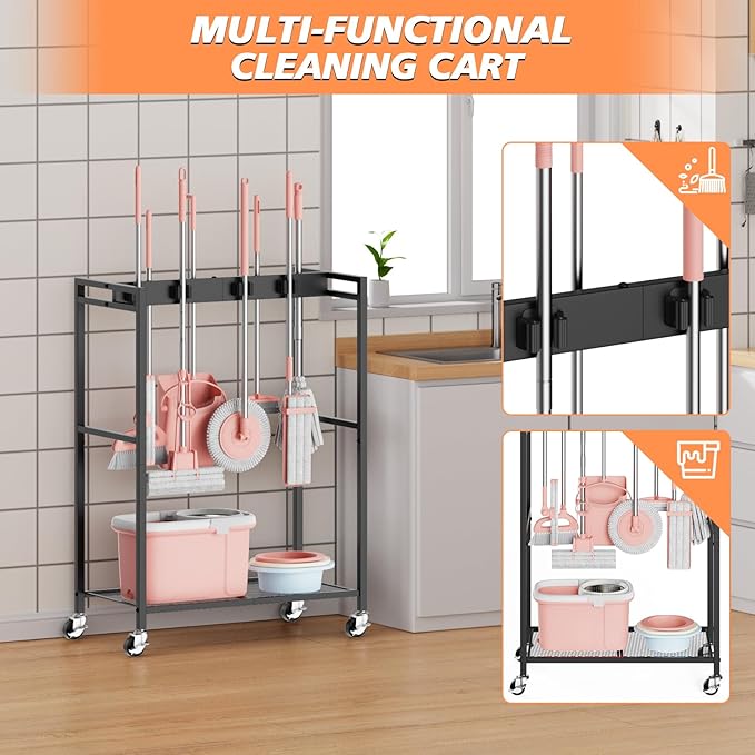 Broom and Mop Holder, Broom Closet Storage Cabinet, Cleaning Cart with Broom and Mop Hanger, Janitorial Cart with Wheels for Household, Laundry Room Organization