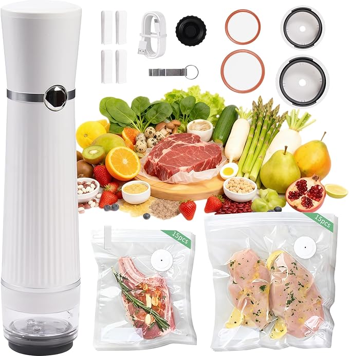 Handheld Vacuum Sealer, Detachable & Easy to Clean, Includes 5 Reusable Bags, Portable Food Saver, Extends Freshness 10x, Auto Power Off, for Kitchen, Travel & Outdoor