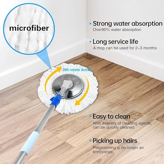 Spin Mop and Bucket with Wringer Set, 360° Spin Mop & Bucket Floor Cleaning System Mop Bucket with 61" Adjustable Extended Handle 3 Replacement Microfiber Refills, Set of 2