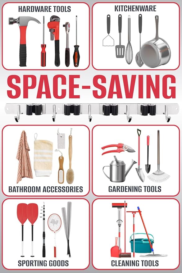 The Good Stuff Heavy Duty Mop and Broom Holder Wall Mount – Stainless Steel 5-Rack Organizer with 4 Hooks – Space Saving, Rust-Resistant Utility Rack for Garage, Kitchen, Laundry or Garden Tools
