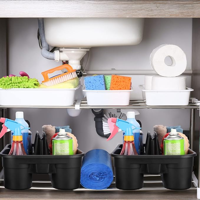 Wesiti 6 Pcs Cleaning Caddy with Handle Large Plastic Housekeeping Shower Basket Cleaning Supplies Organizer for Spray Bottles Brush Home Bathroom Office(Black)