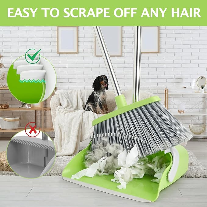 Broom and Dustpan Set, Dustpans with Broom Combo for Home, Heavy Dust Broom and Dustpan Combo, Long Handle Dust Pan and Broom Set for Kitchen, Office, Pet Hair(Gray Green)