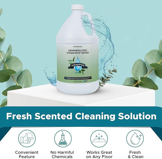 Steam & Go Demineralized Water - Multi-Surface Cleaning Solution for Steam Mop, Ready-to-Use Floor Cleaner, No PVC, Ideal for Home & Office, Compatible w/Any Mop - Eucalyptus Mint, 128oz, Pack of 1