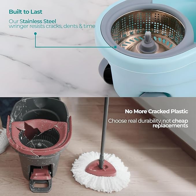 Spin Mop and Bucket with Wheels Wringer 360 Microfiber Mop with Stainless Steel Handle Self Wringing Cleaning System Bucket with Drain for Tile Hardwood Laminate Floors Includes 4 Mop Head Refills