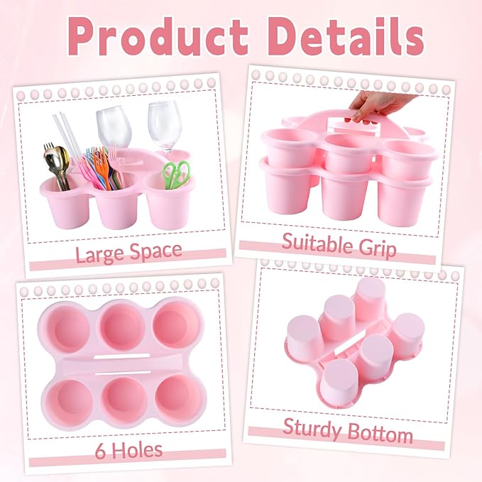 6 Pack Classroom Caddy with Handle Plastic Storage Caddy Organizer with 6 Compartments Drink Cup Caddies Holder Portable Storage Bin for Pencil, Crayon, Marker, Home, Office, School Supplies(Pink)