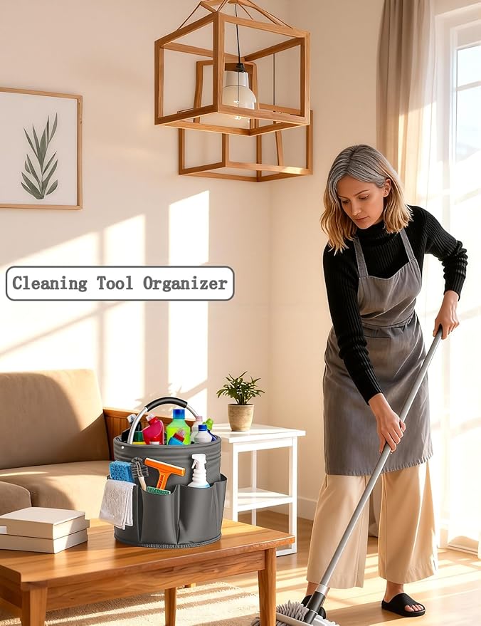 Cleaning Caddy with Handle, Cleaning Products Organiser, Foldable Storage Basket, Large Supply Organiser 17L with 6 Pockets, Portable Cleaning Caddy for Home & Garden (Dark Grey)