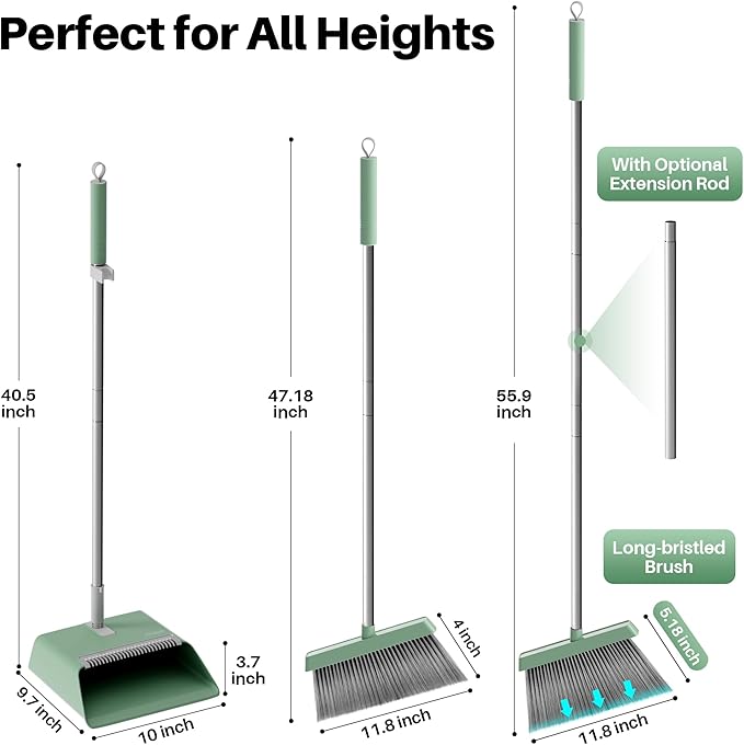 JOYMOOP Dark Teal Green Broom and Dustpan Set with 56” Handle, Upright Angle with Comb Teeth for Pet Hair and Hardwood Floors