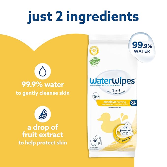 WaterWipes Sensitive+ Bathing Wipes, 3-In-1 Cleans, Cares, Protects, 99.9% Water, Unscented & Hypoallergenic, 16 Count (6 Pack)
