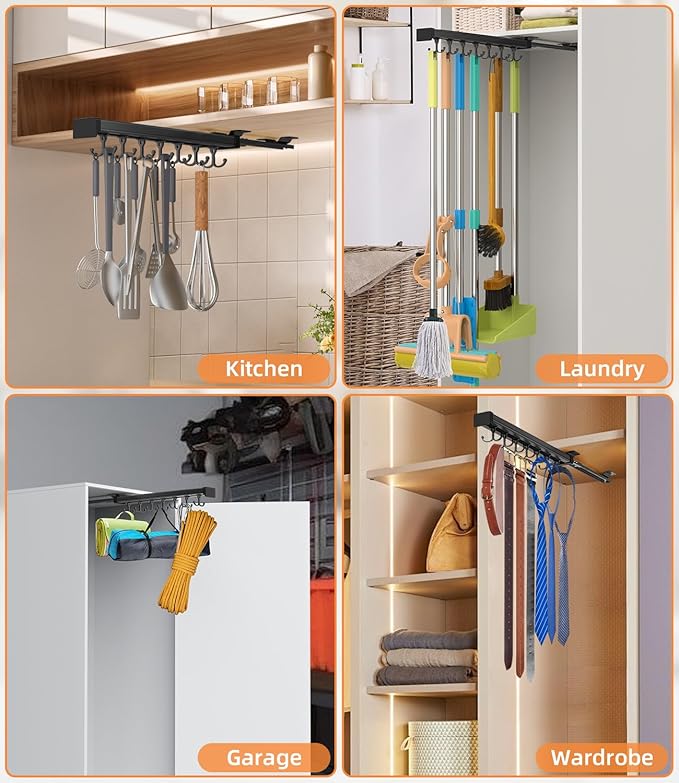 Pull Out Broom Holder With Adjustable Double Row Sliding Hook, Multifunctional Slide Broom And Mop Storage/Organizer Garage Organization Hooks, for Closet Laundry Garage Kitchen - 16.14inch
