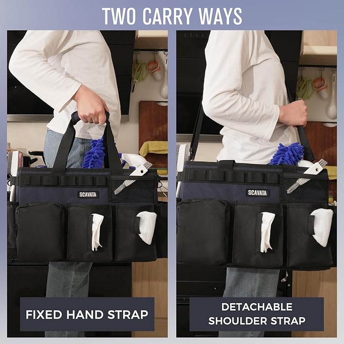 Wearable Cleaning Caddy Bag, Cleaning Caddy Supplies Organizer with Handle & Shoulder Straps for Housekeepers, Under Sink & Car Cleaning Tool Organizers with 4 Foldable Divider Navy (DarkBlue)