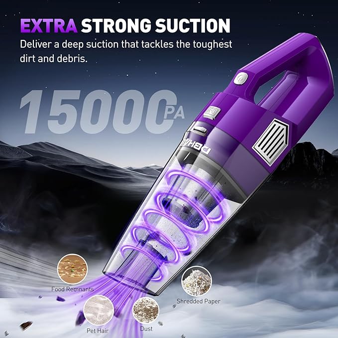 Handheld Vacuum Cordless, 15000PA Powerful Suction Car Vacuum Cleaner Lightweight with Multi Accessories, Hand held Vacuum Cleaner Dust Busters Cordless Rechargeable for Car Home