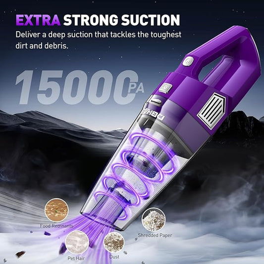 Handheld Vacuum Cordless, 15000PA Powerful Suction Car Vacuum Cleaner Lightweight with Multi Accessories, Hand held Vacuum Cleaner Dust Busters Cordless Rechargeable for Car Home