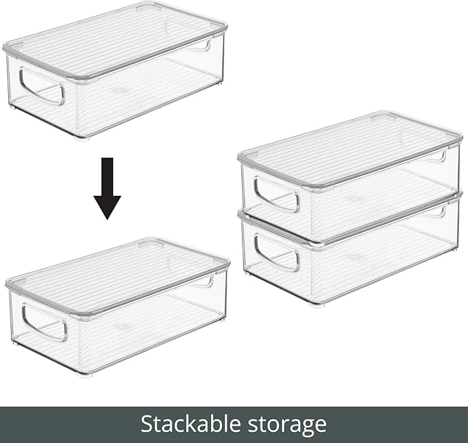 mDesign Plastic Storage Bin Box Container with Lid and Built-in Handles - Organization for Pens, Pencils, or Work Supplies in Home Office, Cabinet, or Desk Top, Ligne Collection - 4 Pack - Clear