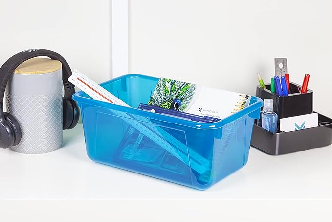 Storex Small Cubby Bins – Plastic Storage Containers for Classroom with Non-Snap Lid, 12.2 x 7.8 x 5.1 inches, Tint Teal, 5-Pack (62486U05C)