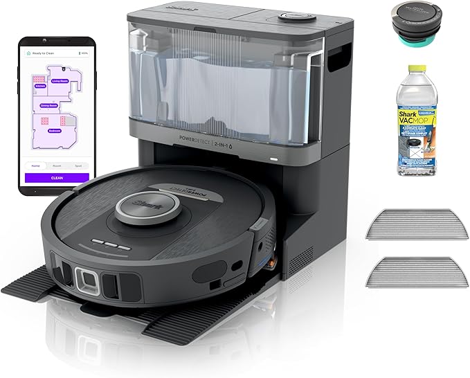 Shark Robot Vacuum & Mop Combo, NeverTouch System, Self-Emptying and Refilling, for Wood, 60-Day Debris Capacity, 30-Tank Reservoir, Pad Drying, 5 Intelligent Cleaning Technologies, RV2820YE