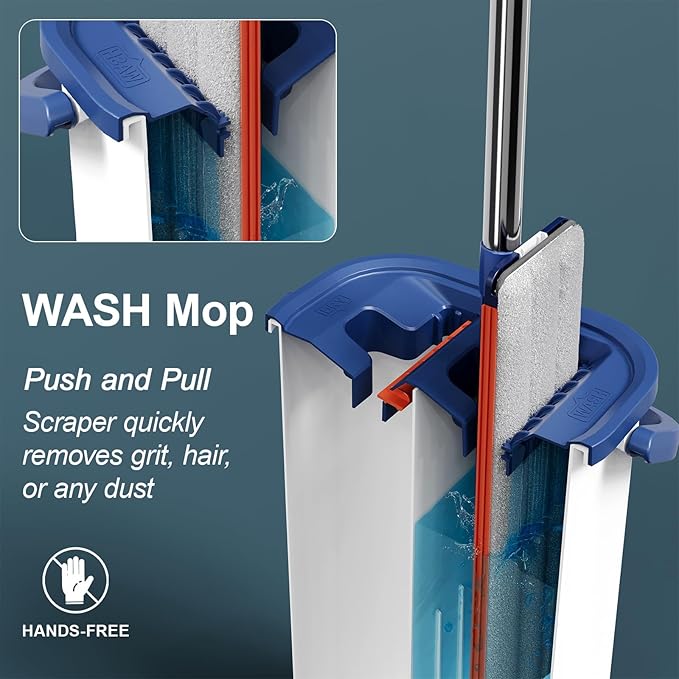 Easywring Washable Mop and Bucket with Wringer Set for Home, Durable and Sturdy Aluminum Flat Mop Head, 2-Chamber, Wet and Dry for All Surfaces, with 8 Reusable Microfiber Mop Pads 13 inch (16 Inch)