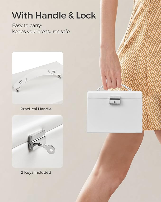 SONGMICS 3-Tier Jewelry Box, Travel Jewelry Case with Handle, 2 Drawers, Lockable Jewelry Organizer with Mirror, Jewelry Storage, Modern Style, Gift for Loved Ones, White UJBC154W01
