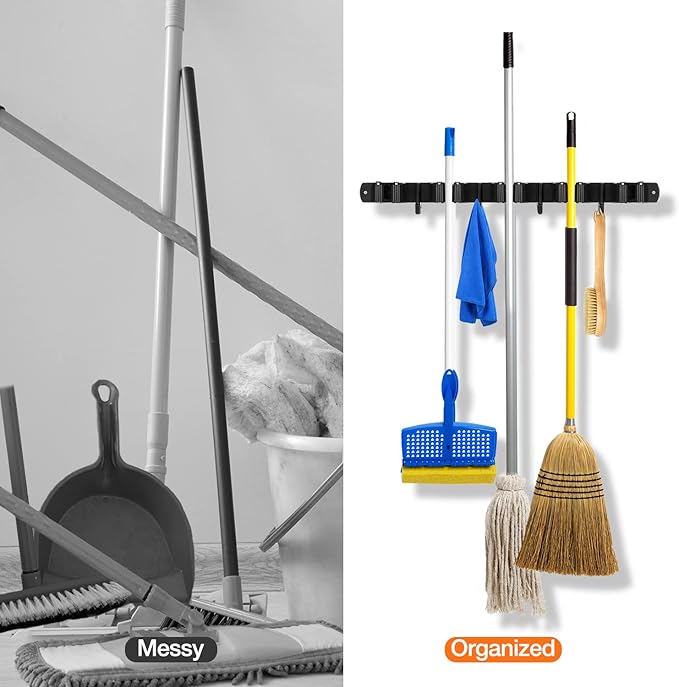 Broom Holder Wall Mount, Broom Organizer Wall Mount Stainless Steel Mop and Broom Holder Wall Mounted Heavy Duty Broom Hanger Storage Rack 5 Rack 4 Hooks Black