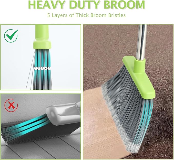 Broom and Dustpan Set, Dustpans with Broom Combo for Home, Heavy Dust Broom and Dustpan Combo, Long Handle Dust Pan and Broom Set for Kitchen, Office, Pet Hair(Gray Green)