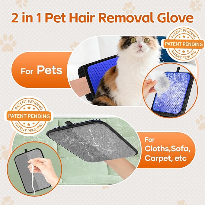 2 in 1 Pet Hair Removal Glove, Upgraded Pet Hair Remover Tool, Gentle Shedding Silicone Brushes for Dogs & Cats, Efficient Pet Hair Gloves for Couch Carpet Clothing (Blue)