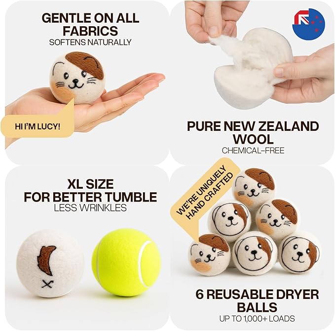 WoollyPals Wool Dryer Balls (6-Pack, XL Size)- 100% New Zealand Organic Wool - Sustainable & Eco-Friendly - Dry 1,000 Loads, Replaces Dryer Sheets, Reduces Static Cling, Reusable (Multi Colour)