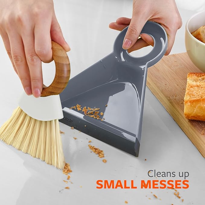 Full Circle Tiny Team Mini Compact Brush & Dustpan Set, Portable Handheld Broom for Quick Cleanups, Ideal for Home, Bathroom, Kitchen Countertops. Bamboo Hand Broom & Small Crumb Sweeper, White