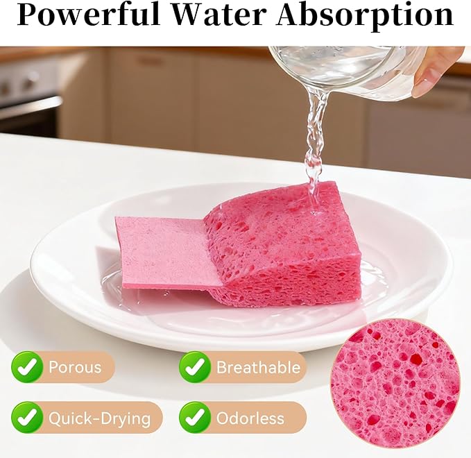 6 Pcs Kitchen Sponges for Dishes Cleaning, Non Scratch for Non Stick Cookware, Compressed Natural Cellulose Sponges, Dish Washing Scrubbers, Scrubbing Pads for Household, Bathroom (Red)