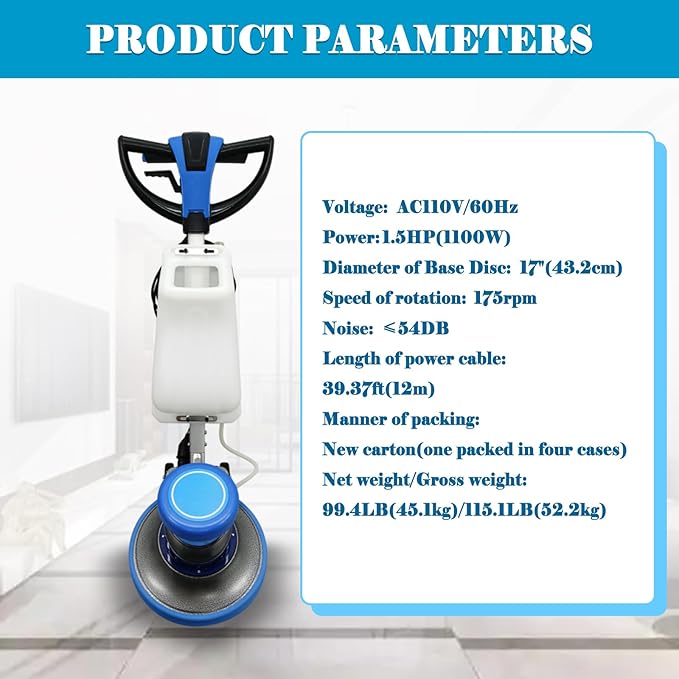 1100W Floor Buffer Polisher Machine φ17" Single Pad 175RPM with 3.17 Gal Tank, 39.37ft Power Cord 110V