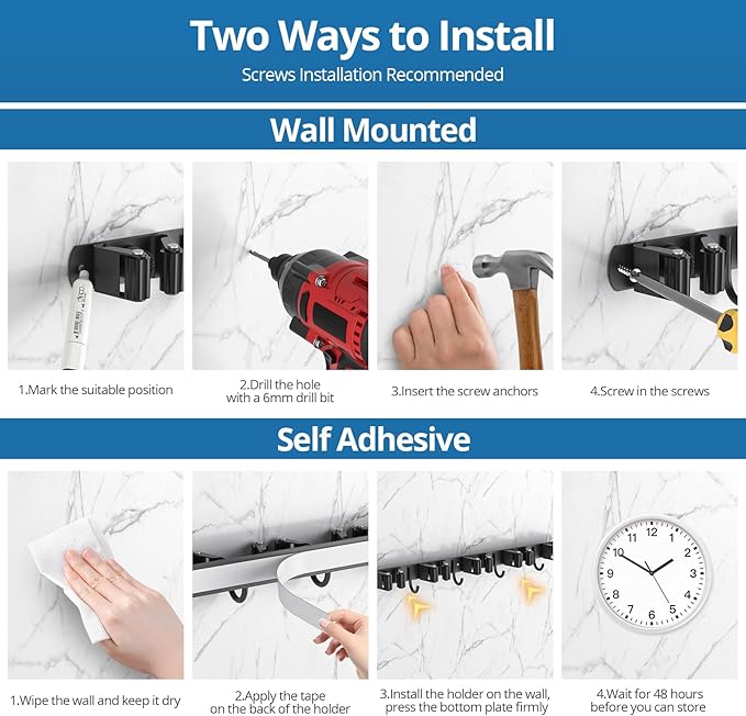 2 Pack Mop and Broom Holder Wall Mount, 5 Racks and 4 Hooks Broom Organizer Storage Garage Tool Racks Wall Mounted Mop Hanger for Home Kitchen Garden Laundry (Black)