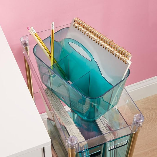 mDesign Plastic Portable Craft Storage Organizer Caddy Tote, Divided Basket Bin w/Handle - Craft, Sewing, Art Supplies - Holds Brushes, Colored Pencils - Lumiere Collection - Dark Aqua Blue Tint