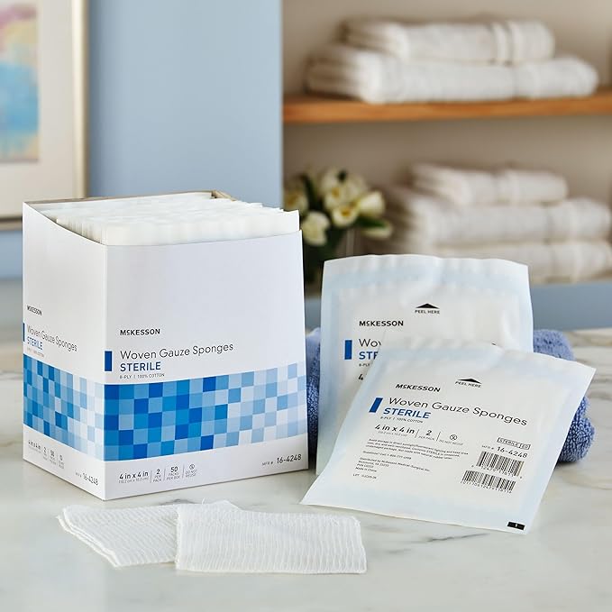 McKesson Woven Gauze Sponges, Sterile, 8-Ply, 100% Cotton, 4 in x 4 in, 2 per Pack, 50 Packs, 100 Total