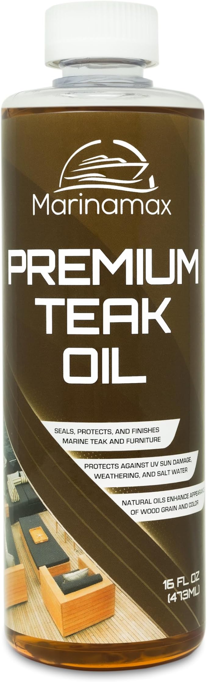 Marinamax Premium Teak Oil 16 Oz | Wood Oil, Preserver, Stain, Sealer, and Protector | Great for Teak Furniture and Boat and Marine Interior Teak Wood