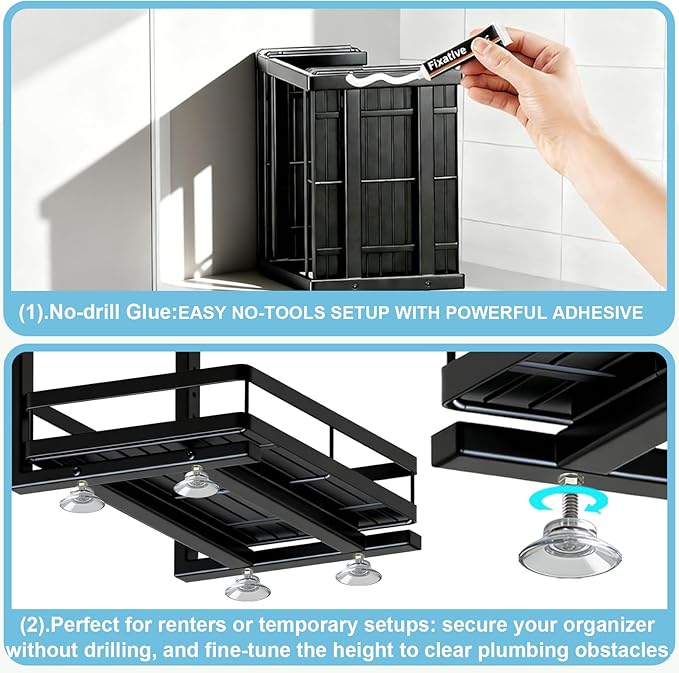 Under Sink Organizer, JCYLQ Dual-Rail Ball-Bearing, Under Kitchen Sink Organizer, 6-Level Adjustable, Under Cabinet Storage, No-Drill Adhesive/Suction, Under Sink Organizers and Storage (2-Pack)